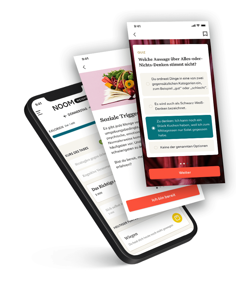 Noom App Screenshots mit Ernährungstracking und täglichen Lektionen
