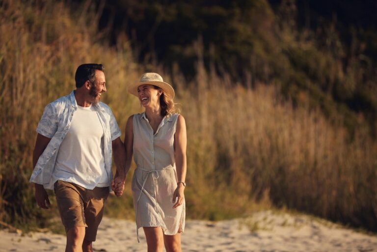 Holding,Hands,,Laugh,And,Couple,Outdoor,With,Bonding,On,Vacation,
