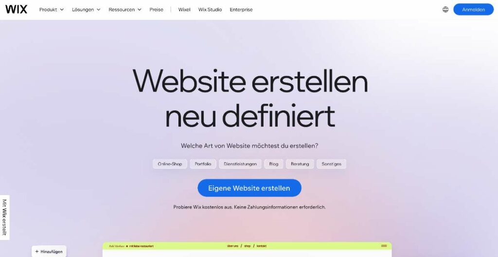 Die Oberfläche von Wix